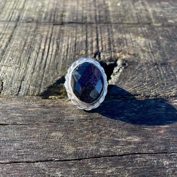 blue goldstone-ring-twisted edge-blue-sparkly-silver-sandrakernsjewellery
