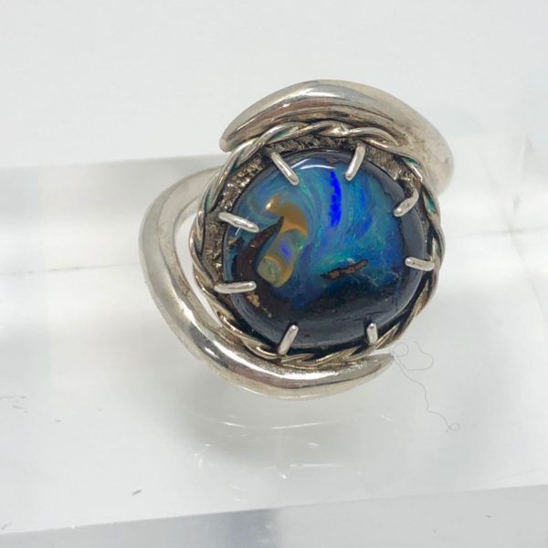 boulder opal-claw-swirl-ring-silver-tsandrakernsjewellery