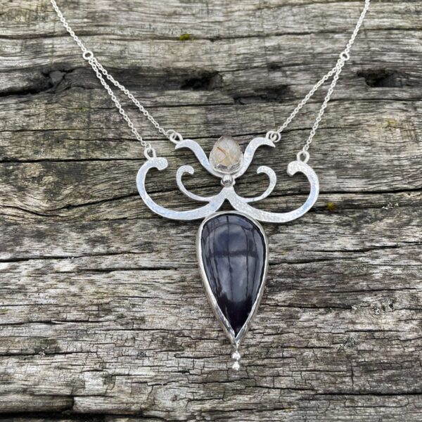 rainbow obsidian-rutilated quartz-silver-necklace-sandrakernsjewellery rainbow obsidian-rutilated quartz-silver-necklace-sandrakernsjewellery