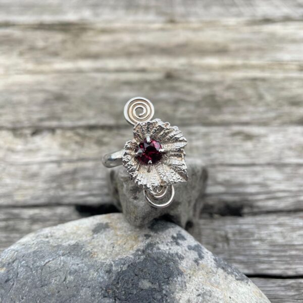 vine leaf-garnet-ring-spiral-sterling silver-sandrakernsjewellery vine leaf-garnet-ring-spiral-sterling silver-sandrakernsjewellery